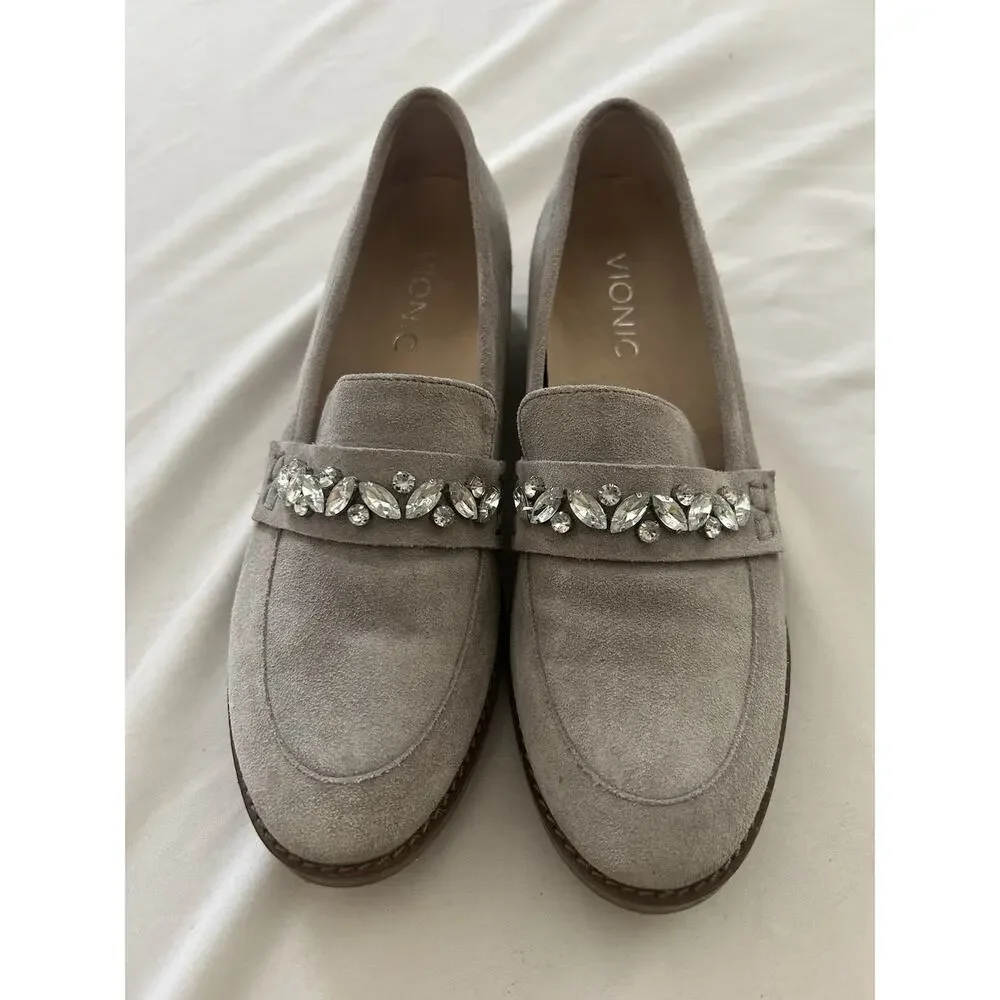 Vionic Avvy Suede Rhinestone Loafers Size 6 Light Gray Comfort Preppy